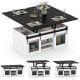Lift top coffee table with black surface and white frame, featuring sliding barn doors and open shelves for versatile.