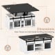 Lift top coffee table with 2 sliding barn doors, showcasing dimensions and features for versatile use and storage.