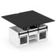Lift top coffee table with black surface, featuring gas struts for smooth elevation and metal mesh cabinet doors for.