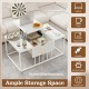 Lift top coffee table in white with spacious hidden compartment, wide tabletop, and ample storage for various items.