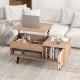 Lift top coffee table in natural finish with storage compartments, ideal for living room use and workspace convenience.
