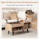 Lift top coffee table in natural finish with storage compartments and gas struts mechanism for versatile use in living.