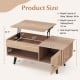Lift top coffee table in natural finish with storage compartments and spacious tabletop for versatile use in living.