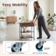 Lift top end table in rustic brown with charging station, featuring 360° rolling wheels and two open shelves for versatile use.