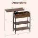 Rustic brown lift top end table with dimensions shown, featuring a durable steel frame and convenient charging station.