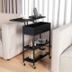 Lift top end table in black with charging station, wheels, and storage, ideal for living room or bedroom use.