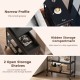 Lift top end table in black with charging station, hidden storage, and two open shelves for versatile organization.