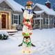 Stacked lighted penguins decoration with warm white lights and festive hats, perfect for Christmas outdoor displays.