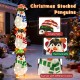 Stacked penguin decoration with warm white lights, featuring cute hats, earmuffs, and scarves for festive outdoor.