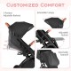 Adjustable backrest and extendable canopy of the lightweight black baby stroller for customized comfort and convenience.