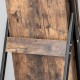 Close-up of the sturdy metal frame of a lockable freestanding jewelry organizer with a rustic wood finish.