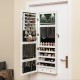 Lockable wall-mounted jewelry cabinet in white with LED lights, featuring a full-length mirror and ample storage for.