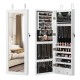 Lockable wall-mounted jewelry cabinet in white with LED lights, full-length mirror, and spacious storage for.
