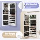 Lockable wall-mounted jewelry cabinet in white with LED lights, full-length mirror, and ample storage for accessories.