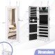 Lockable wall-mounted jewelry cabinet with LED lights, full-length mirror, and spacious storage for rings and necklaces.