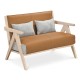 Loveseat sofa with brown artificial leather and gray chenille throw pillows, featuring a durable rubber wood frame for.