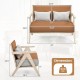 Loveseat sofa in brown with gray throw pillows, rubber wood frame, dimensions 40.5"x30.5"x28.5", ideal for small spaces.