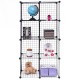 Black wire cube shelf with 8 interlocking storage compartments, ideal for organizing and displaying items in any room.