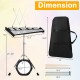 Dimensions of 30-note percussion glockenspiel with adjustable stand, showcasing practice pad, mallets, and carrying bag.