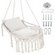 Macrame swing chair hammock in beige with two removable cushions, featuring a sturdy metal frame for indoor or outdoor.
