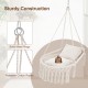 Macrame swing chair hammock in beige with removable cushions, featuring sturdy metal rings and a bohemian design.
