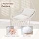 Macrame swing chair with beige removable cushions, featuring breathable polyester cotton for indoor and outdoor comfort.