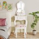 White makeup dressing table with fan-shaped mirror, cushioned stool, and three drawers for storage in a stylish bedroom.