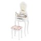 Makeup dressing table with fan-shaped mirror, three drawers, and cushioned stool, perfect for girls' rooms in white.