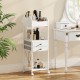 Makeup organizer cart in white with 7 compartments, 2 drawers, and wheels for easy mobility and storage of beauty.