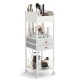 Makeup organizer cart in white with 7 compartments, 2 drawers, and wheels for easy mobility and stylish storage.