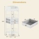 Dimensions of a white makeup organizer cart with 7 compartments, 2 drawers, and wheels for convenient skincare storage.