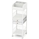 White makeup organizer cart with sleek metal handle, 7 compartments, and 2 storage drawers for organized beauty.