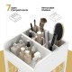 Makeup organizer cart with 7 open compartments, removable dividers, and 2 shelves for skincare and beauty products.