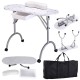 Foldable portable manicure table in white with casters, drawer, and cushion, ideal for nail beauticians and easy.