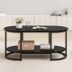 Black marble coffee table with open storage shelf, featuring a modern design and sturdy metal structure for living room.