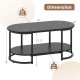 Dimensions of the black marble coffee table with open storage shelf, highlighting its 39" x 20" oval design and sturdy.