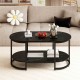 Black marble coffee table with open storage shelf, showcasing a chic oval design and white faux marble for versatile.