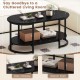 Black marble coffee table with open storage shelf, featuring a white faux marble pattern and sturdy gold metal tubes.