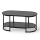 Oval black marble coffee table with open storage shelf, showcasing a chic white faux marble top and sturdy metal frame.