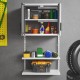 Metal wall cabinet with lock and adjustable shelves, featuring tools and storage items for organized workspace.