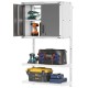 Metal wall cabinet with lock, featuring 3 adjustable shelves and tools organized on open shelves for versatile storage.