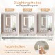 Medicine cabinet with mirror showing three color LED lights and touch switch for adjustable brightness settings.