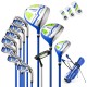 Men's complete golf clubs and bag set in blue, featuring a driver, fairway, hybrid, irons, putter, and headcovers.