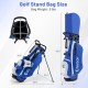 Men's blue golf stand bag with dual shoulder straps, 5 zippered pockets, and convenient storage features for easy.