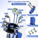 Men's complete golf clubs and bag set in blue, featuring a driver, fairway, hybrid, and putter with headcovers for easy.
