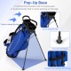 Men's golf bag set in blue with pop-up base, sturdy support legs, and anti-slip foot pads for easy carrying.