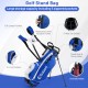 Men's blue golf stand bag featuring 5 zippered pockets, waterproof pocket, and dual shoulder straps for easy carrying.