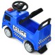 Blue Mercedes Benz kids ride-on push police car with steering wheel, storage space, and durable wheels for toddlers.
