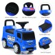 Blue Mercedes Benz kids ride-on police car with warning light, comfortable seat, and hidden storage for toddlers.