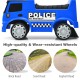 Side view of the blue Mercedes Benz kids ride-on police car featuring high-quality, wear-resistant wheels for various.
